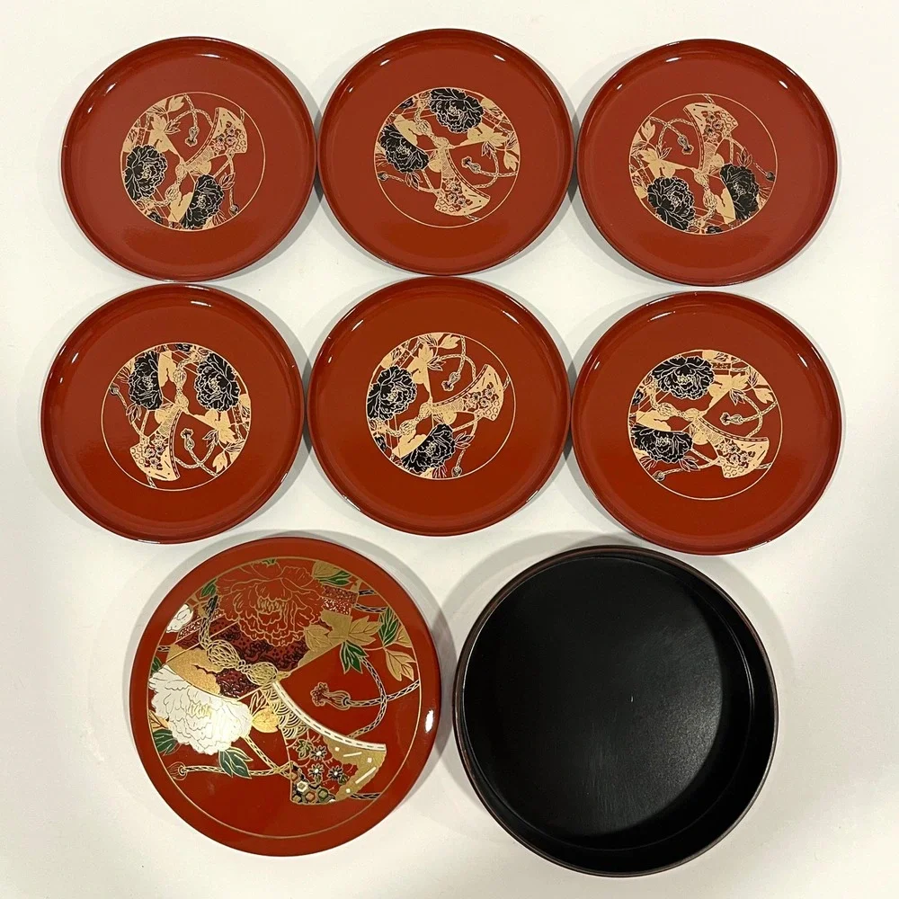 Lacquerware Japanese Set 6 Plates Coasters Lidded Box Red Peony Fan